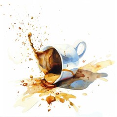 Fototapeta premium Watercolor illustration of a spilled coffee cup dynamic and a little messy