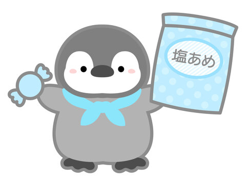 熱中症の予防や対策に関するベクターイラスト、塩分補給の飴を持つペンギン