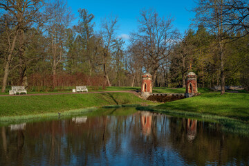 View of the Turkish (Red) cascade on the Upper Ponds in the Catherine Park of Tsarskoye Selo on a...