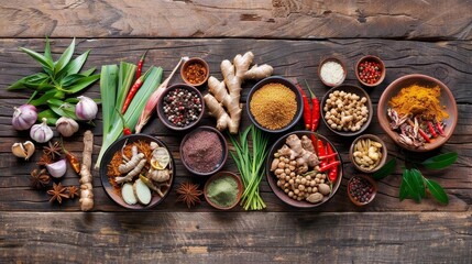 a wooden table displays a variety of food items, including a brown bowl, a red bowl, and a green le