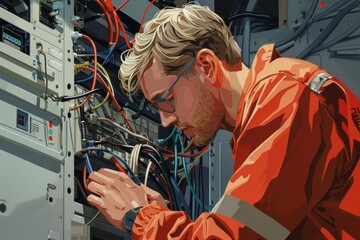 Digital illustration of a focused technician diagnosing server rack issues