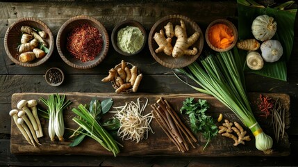 a colorful assortment of vegetables, including carrots, onions, and garlic, are arranged on a woode