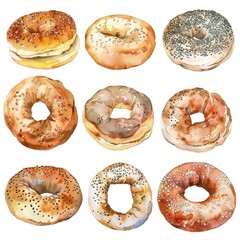 Artistic watercolor clipart of an assortment of bagels from sesame to poppy seed