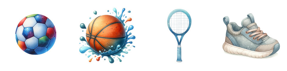 Watercolor sports equipment on white background