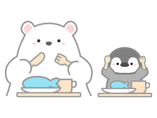 食事をするシロクマとペンギン、