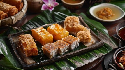 a table set with a variety of food items, including a white bowl, a brown basket, and a purple flow