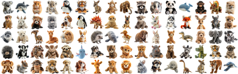 Big set of cute fluffy animal dolls for nursery and children toys, many animal plush dolls photo collection set, isolated background AIG44