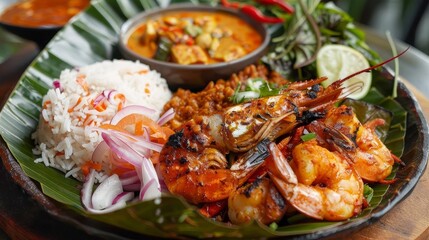 a plate of shrimp, rice, and vegetables is presented on a wooden table, accompanied by a silver bow