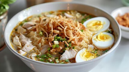 a bowl of ramen topped with a variety of eggs, including white, yellow, and white with yellow yolks