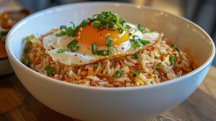 a white bowl filled with rice and a fried egg sits on a wooden table