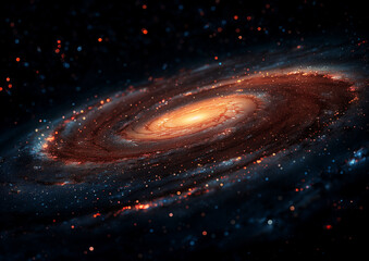 Andromeda galaxy, a photo of the spiral and red gas cloud of The Milky Way's galaxy. In black background.