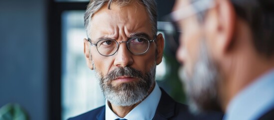 Fototapeta premium A gentleman in formal attire composed of a suit and tie is carefully observing his reflection in a mirror