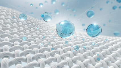 Close up of Water bubble cleans Macro fabric fiber of cloth, 3d rendering.