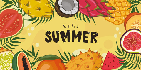 Hello summer background layout banners design. Tropical fruits and leaves. Colorful season illustration.
