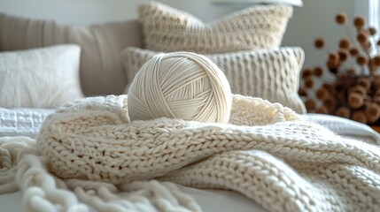 Warm and Inviting Knit Textiles and Yarn Ball in Soft Palette