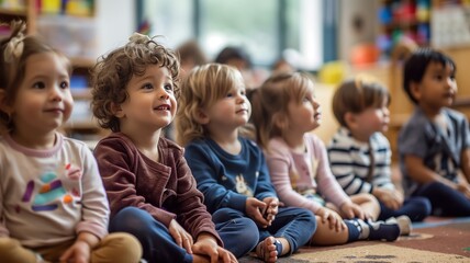 Kindergarden. Young children gathered on the floor in their classroom, engaged and attentive as...