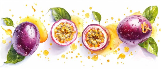 The artwork depicts a vivid depiction of a passion fruit, complete with lush green leaves and glistening water droplets