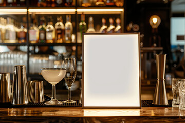 A cocktail menu mockup in an elegant bar setting, featuring a blank menu against a backdrop of bar accessories