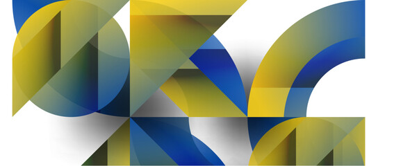 A creative arts piece featuring a vibrant azure, yellow, and electric blue geometric pattern of rectangles and triangles on a white background