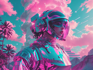 person in a helmet, blue and pink futuristic concept art