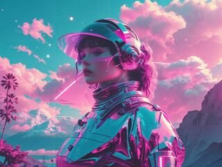 person in a helmet, blue and pink futuristic concept art
