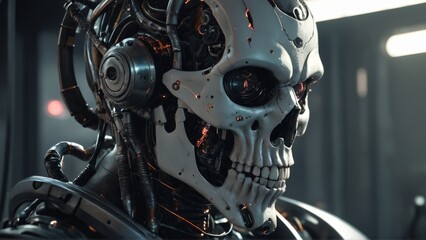 Fototapeta premium Futuristic close-up of a robot head or cyborg helmet 