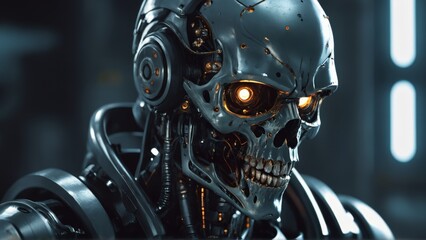Fototapeta premium Futuristic close-up of a robot head or cyborg helmet 