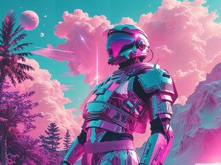 person in a helmet, blue and pink futuristic concept art
