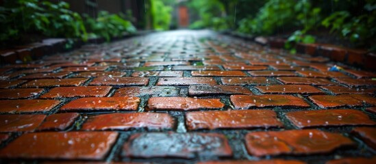 A detailed view of a brick walkway being showered with raindrops, creating a soothing and serene ambiance
