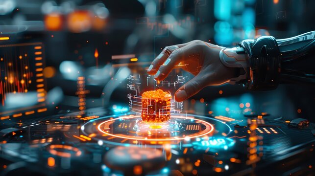 Create a dynamic shot of a cybernetic waiter offering a levitating dessert to the viewer Showcase an augmented reality table projecting a digital menu, as a drone captures the scene from a dizzying to