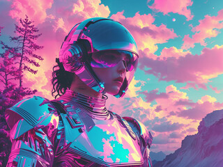 person in a helmet, blue and pink futuristic concept art