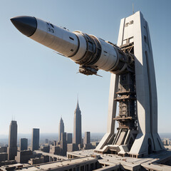 Fototapeta premium Futuristic City with Integrated Spacecraft Launch Tower Over Skyline