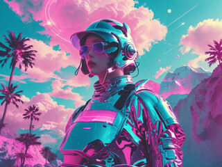 person in a helmet, blue and pink futuristic concept art