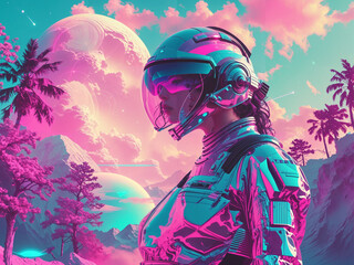 person in a helmet, blue and pink futuristic concept art