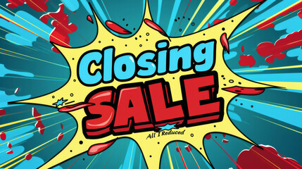 Illustrated starburst design for a closing sale advertisement with 'All Items Reduced' message in comic style.
