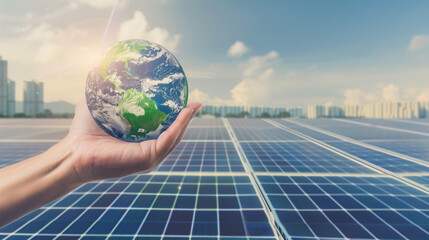 Hand holding a small globe against a backdrop of solar panels, symbolizing renewable energy and sustainable practices, Concept of environmental conservation, green energy, and global responsibility.