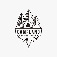 Line art outdoor camping ground, camp land logo icon vector illustration on white background