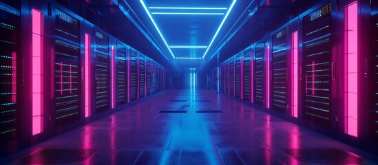 Illuminated by glowing neon lights, a lengthy hallway showcases a striking tiled floor design under the bright illumination