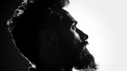 Silhouette of man with beard, backlighting, backlit, black and white, closeup shot from behind, sharp focus on face, silhouette lighting