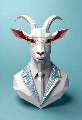 a goat wearing diamond Suit and glasses on simple blue background