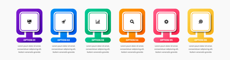 Vector Business Infographic Template with Abstract Design, Colorful, Icon and 6 Option. Suitable for Process Diagram, Presentations, Workflow Layout, Banner, Flow Chart, Infographic.