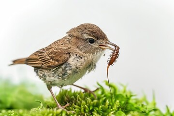 Happy bird with fresh meal worm in its mouth while perching on mossy green grass spot isolated on white
