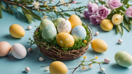 colorful small easter eggs with flowers and branches on a light blue background - yellow and green tones - easter card background - spring design element