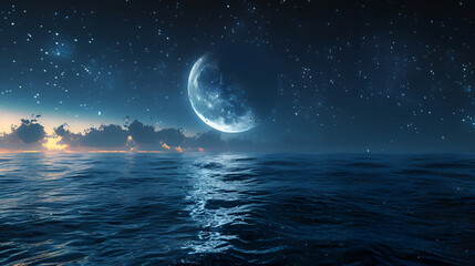 moon over the sea,
Half Moon in Starry Night Sky Above Ocean Surface