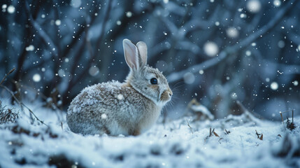 Winter's Watch: Serene Rabbit Amidst Snowfall on a Frosty Night