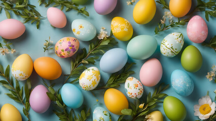 colorful small easter eggs with flowers and branches on a light blue background - yellow and green...