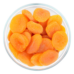 Dried apricots in a glass bowl isolated transparent