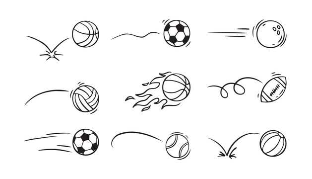  Doodle sport ball trajectory bounce collection. Line hand drawn balls set
