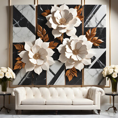 The panel wall art composition combines complex marble patterns intertwined with charming large-scale flowers, creating a mesmerizing combination of power and refinement.