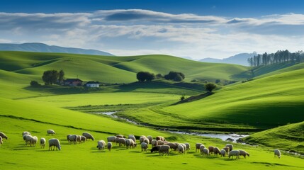 landscape with green field and blue sky.